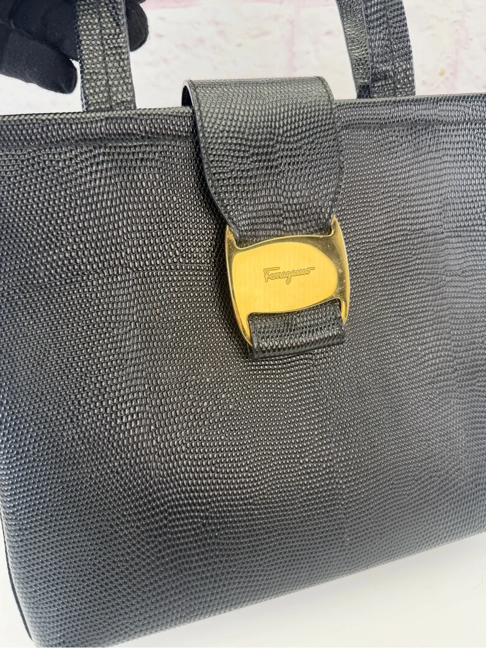 Salvatore Ferragamo Black Lizard-Embossed Top-Handle Satchel Vintage